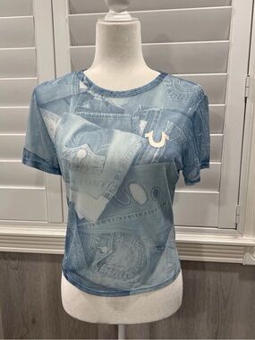 True Religion Denim Print Mesh Sheer Top Short Sleeve Blue L Womens Festival